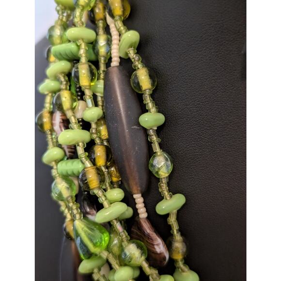 Spring Green Cream & Brown Glass Bead Multi-Strand Choker Necklace - Picture 2 of 7